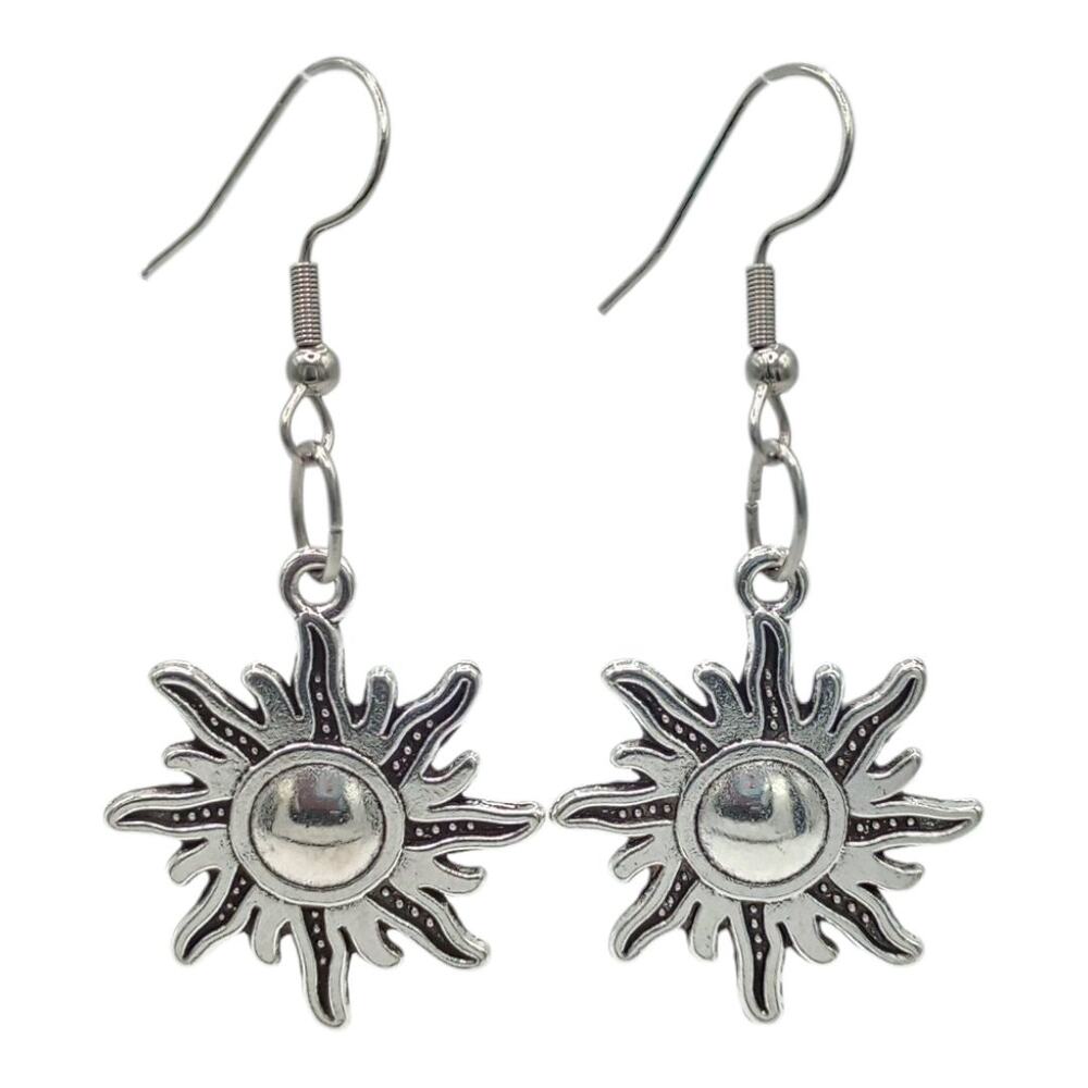 Silver sunburst dangle earrings — lightweight boho celestial jewelry